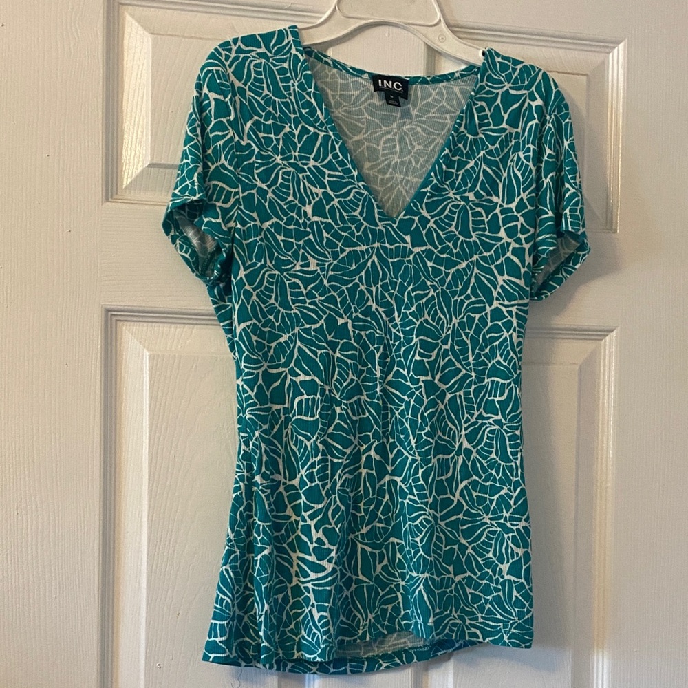 INC International Concepts Women's Teal and White Patterned Blouse